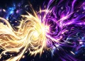 A conceptual anime-style energy clash between golden and purple light in space.