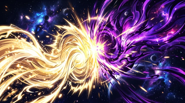 A conceptual anime-style energy clash between golden and purple light in space.