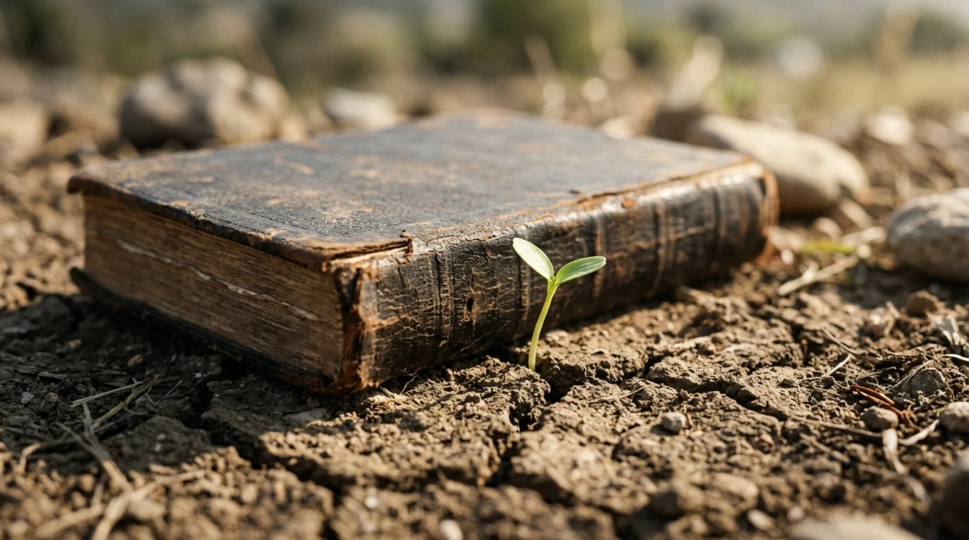 A vintage book in a dusty field with a new sprout.