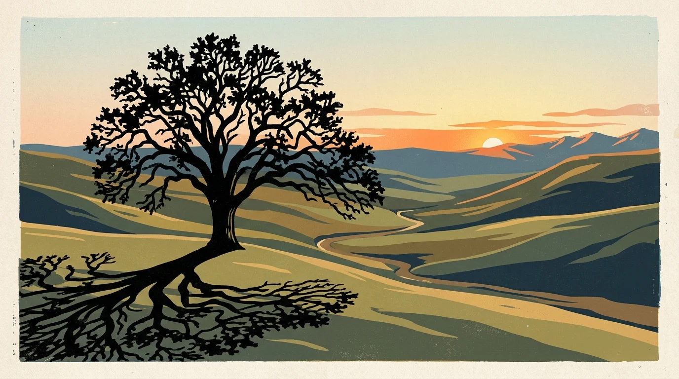 A minimalist sunrise over a valley with a large oak tree shadow.