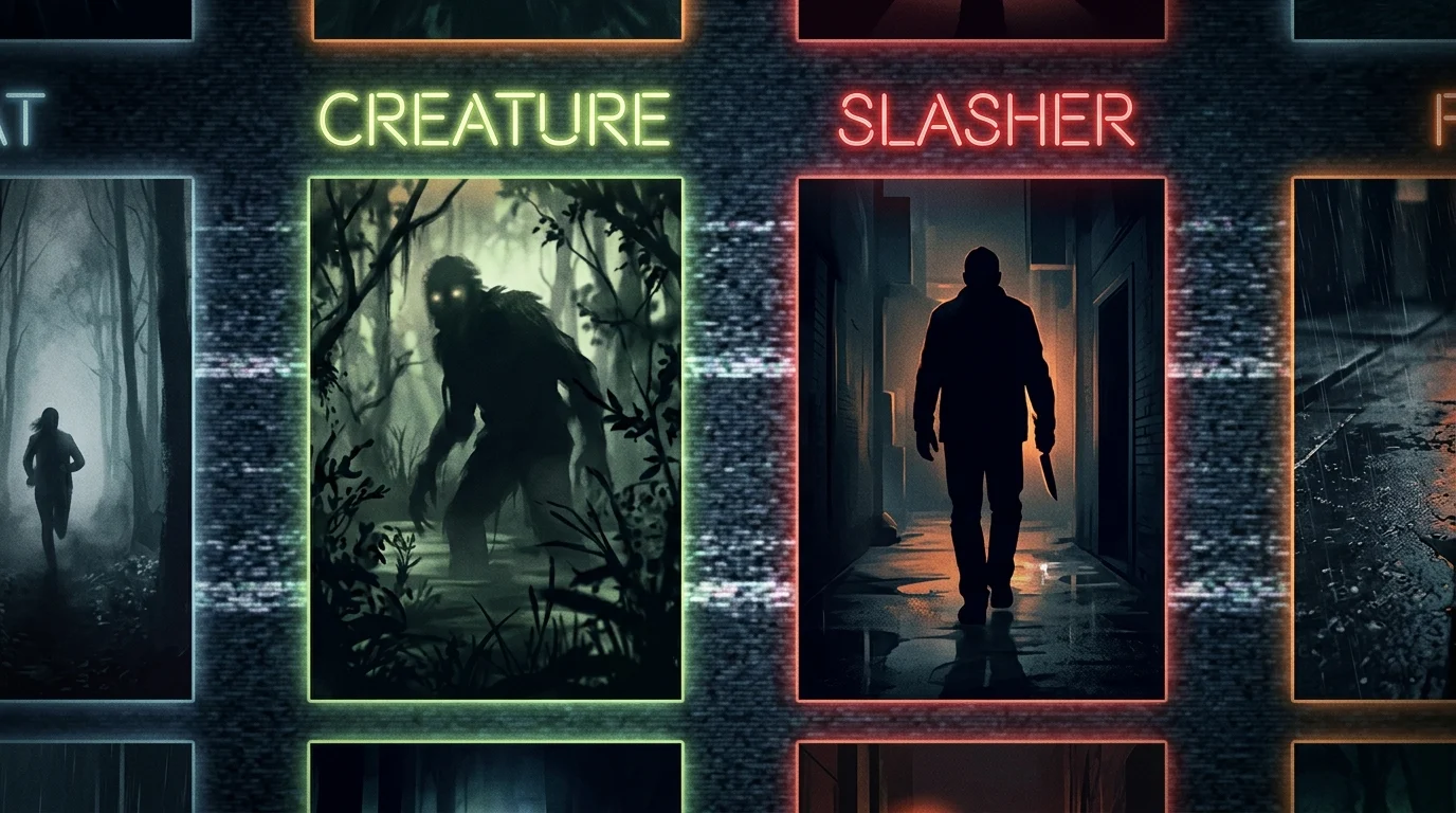 A conceptual digital interface showing various horror movie categories in glowing text.