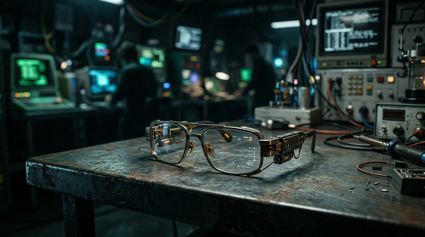 Conceptual image of high-tech eyewear in a retro-futuristic setting.