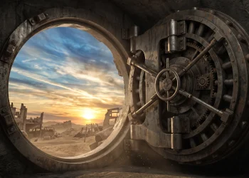 Conceptual art of a vault door opening to a wasteland horizon.