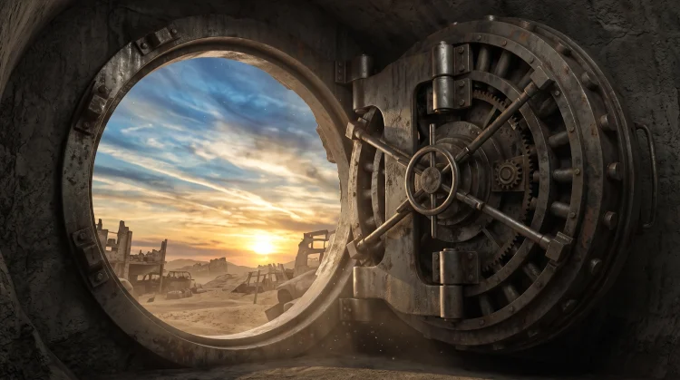 Conceptual art of a vault door opening to a wasteland horizon.