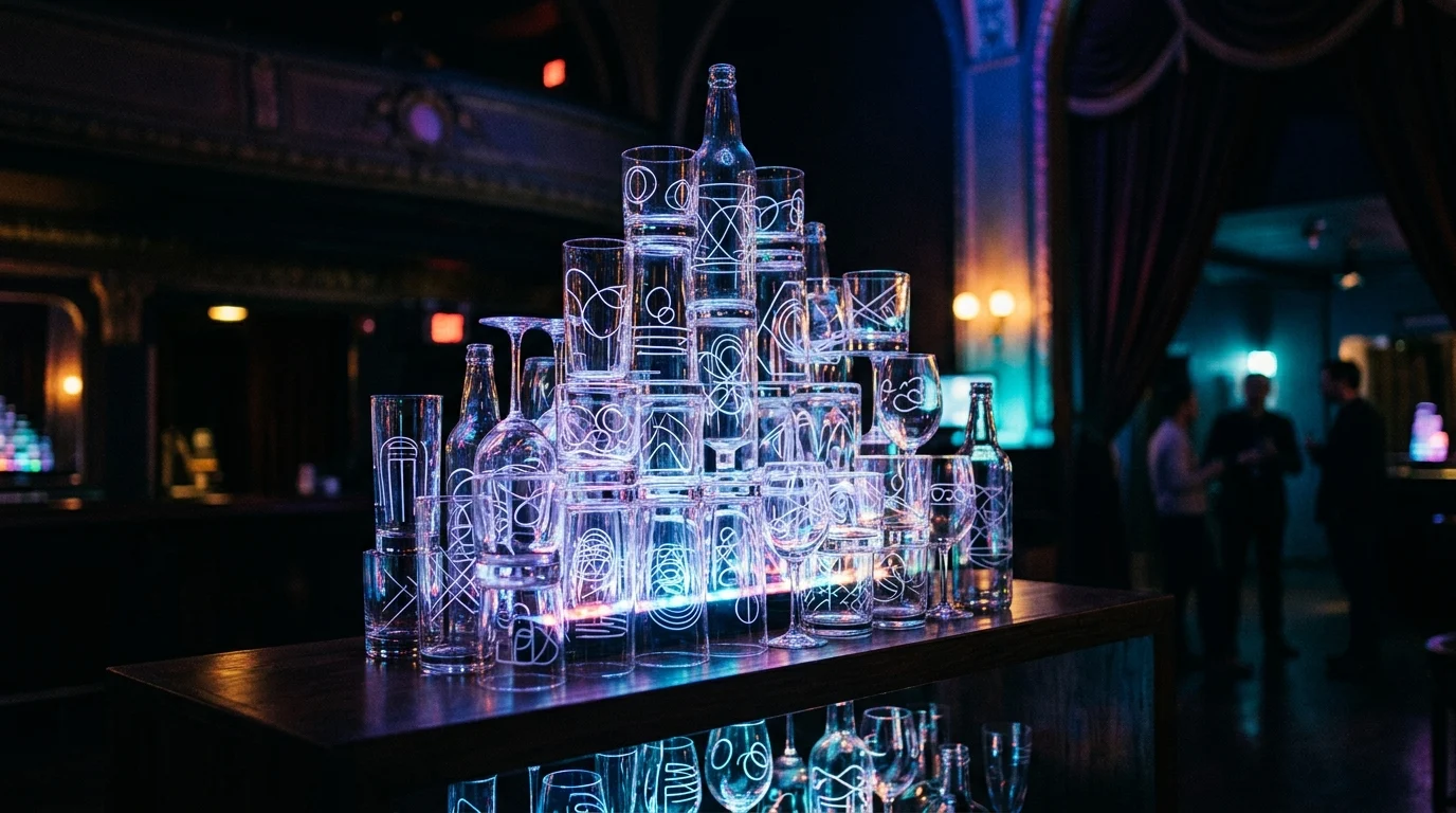 Stylized artistic glassware illuminated by theater-style neon lighting.