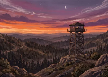 A fire lookout tower silhouette against a sunset sky over a forest.