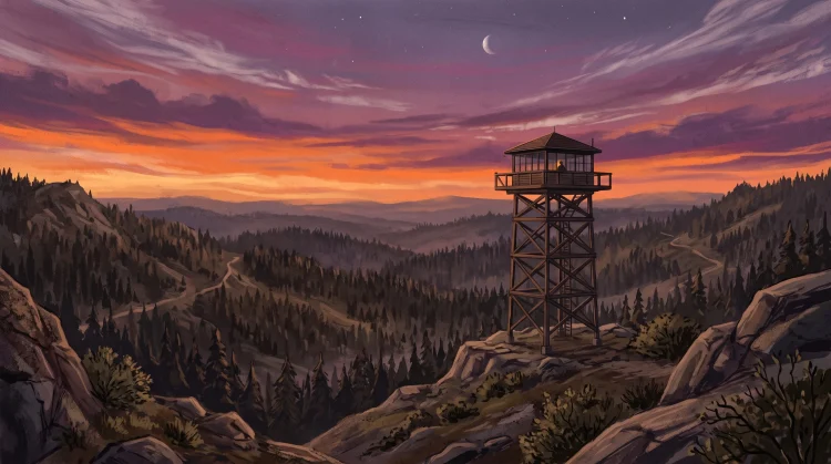 A fire lookout tower silhouette against a sunset sky over a forest.