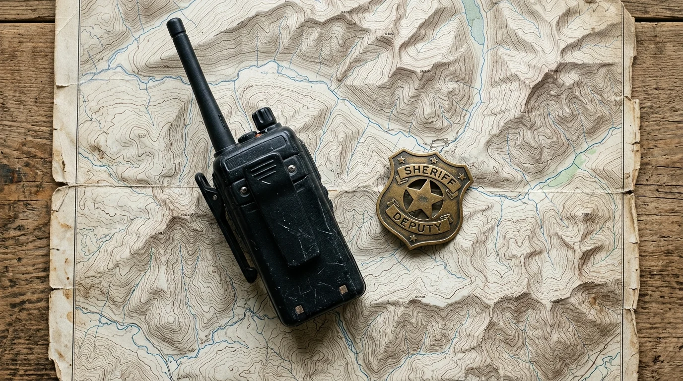 A radio and sheriff's badge on a mountain map.