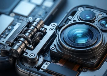 Conceptual close-up of a foldable smartphone hinge and camera lens optics.