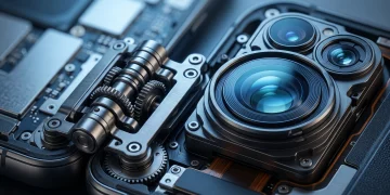 Conceptual close-up of a foldable smartphone hinge and camera lens optics.