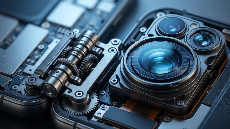 Conceptual close-up of a foldable smartphone hinge and camera lens optics.
