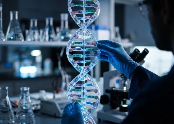 A conceptual representation of DNA forensic science in a laboratory.
