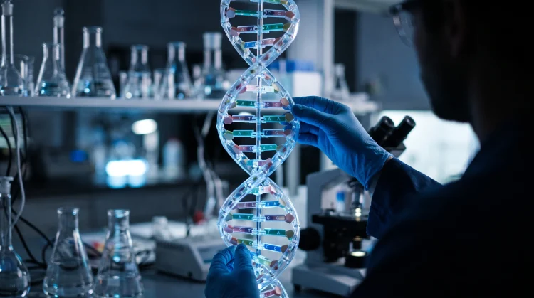 A conceptual representation of DNA forensic science in a laboratory.