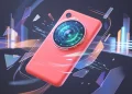 A conceptual rendering of a colorful handheld electronic device with a prominent camera lens.