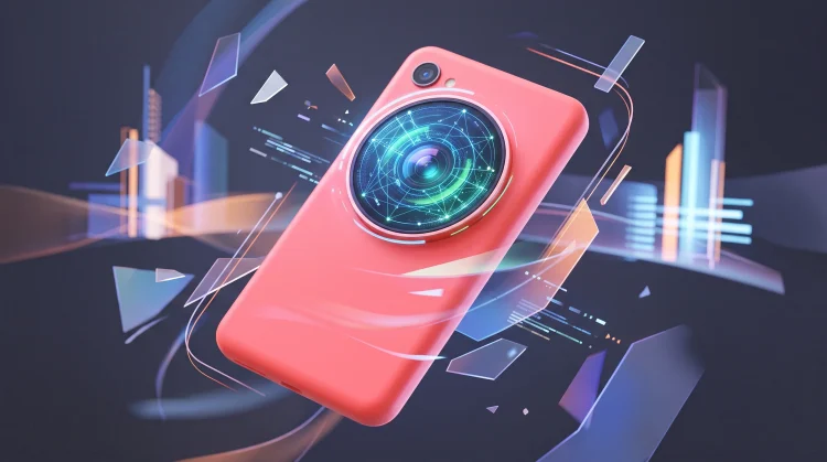 A conceptual rendering of a colorful handheld electronic device with a prominent camera lens.