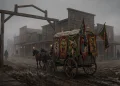 A 19th-century circus wagon entering a foggy, desolate frontier town.