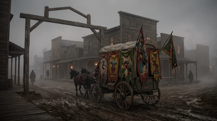 A 19th-century circus wagon entering a foggy, desolate frontier town.
