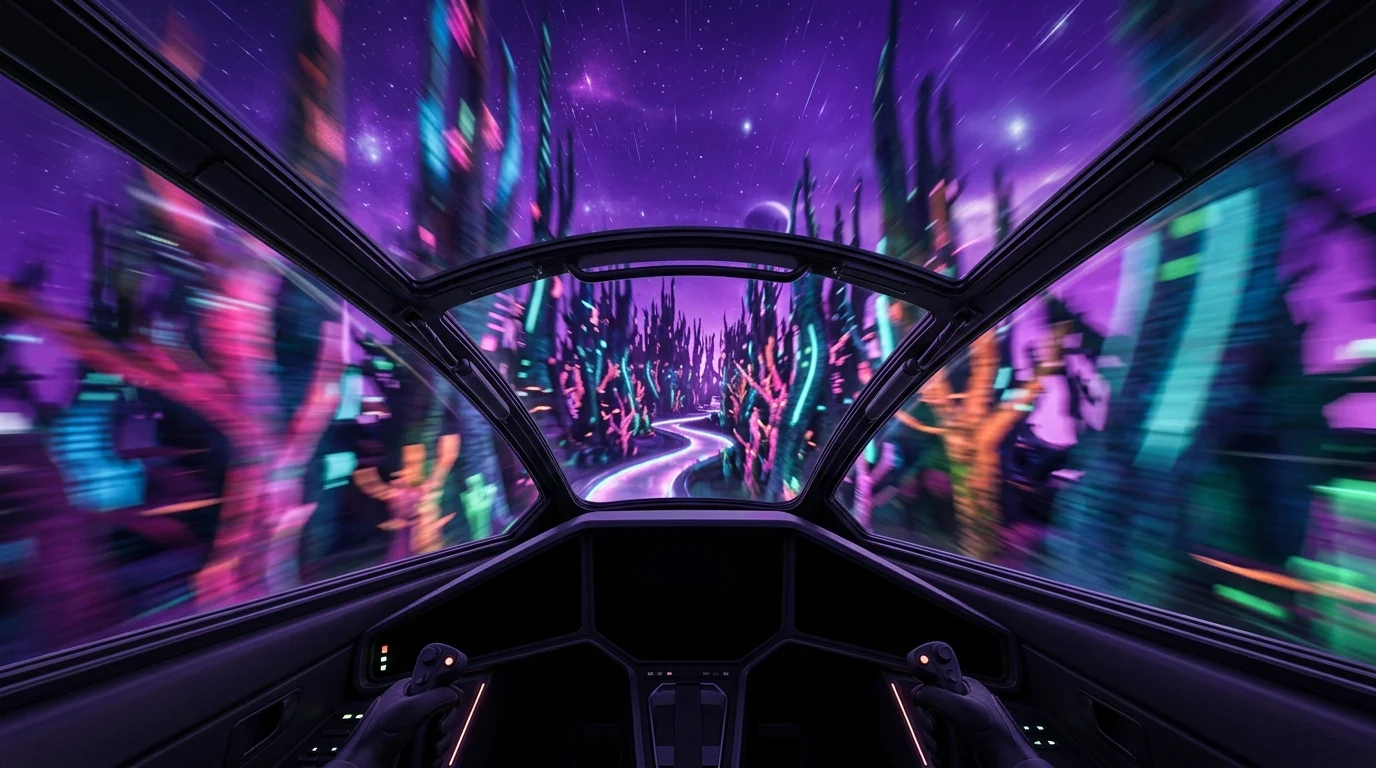 The cockpit view of a vehicle traveling at high speeds through a neon forest.