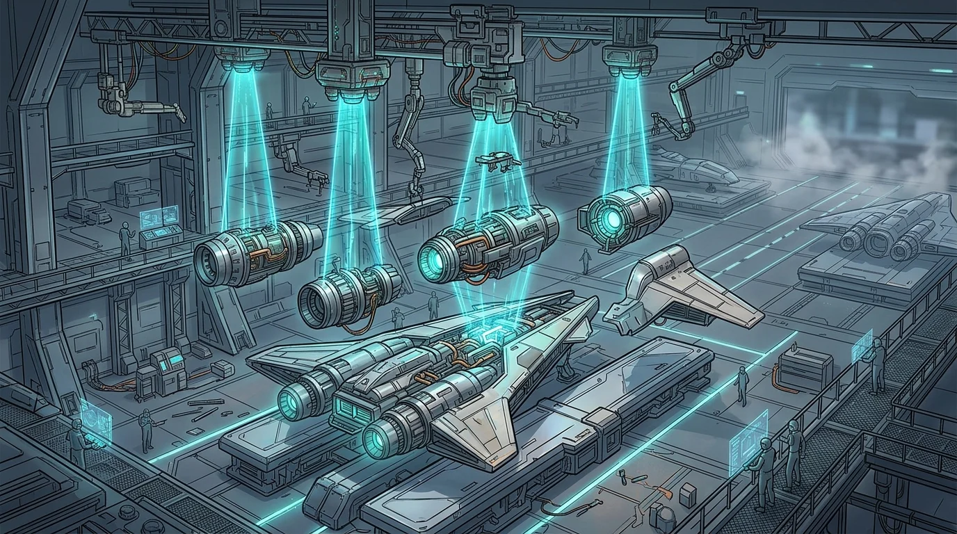 A sci-fi vehicle workshop showing floating components and energy modules.