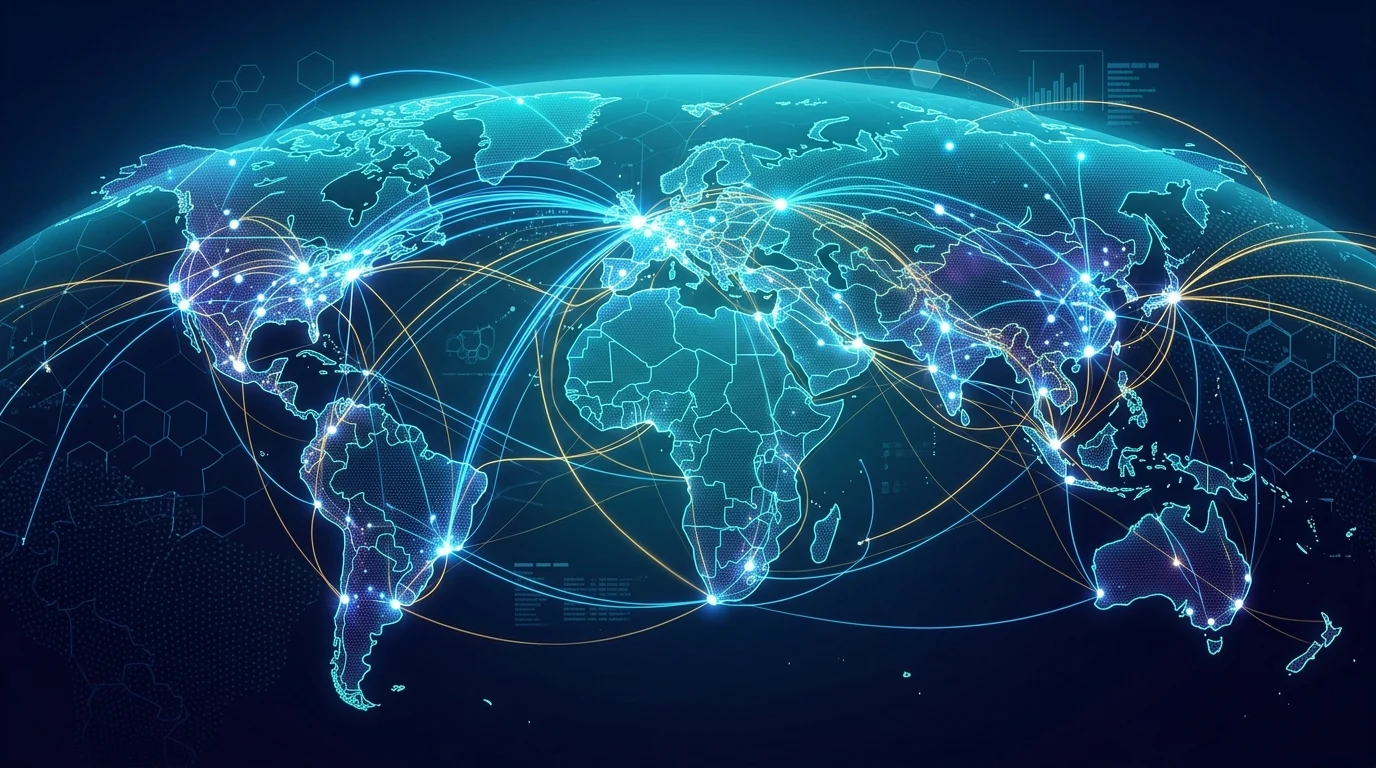 A digital representation of global networking and content distribution.
