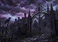 A gothic iron gate in front of a dark school building under a storm.