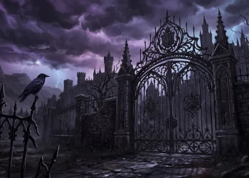 A gothic iron gate in front of a dark school building under a storm.