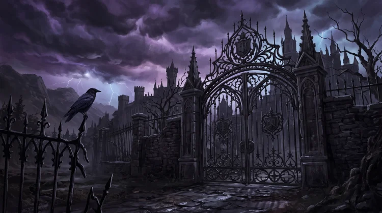 A gothic iron gate in front of a dark school building under a storm.