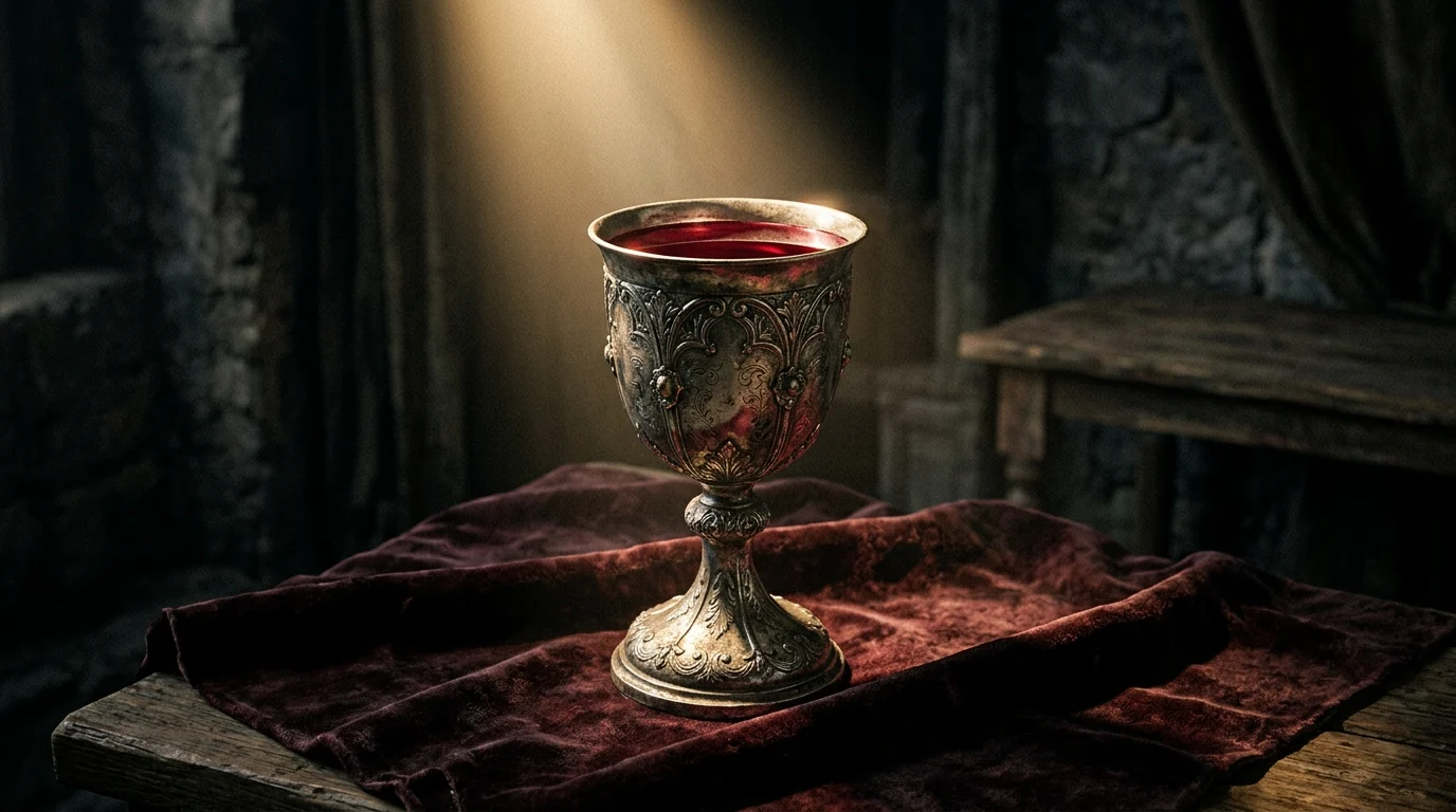 A silver chalice with red liquid on a dark background.