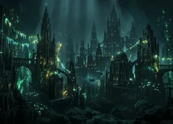 Conceptual art of a dark underwater city with Art Deco architecture.