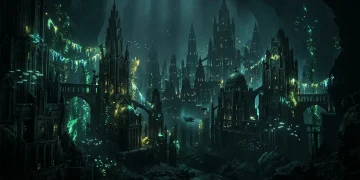 Conceptual art of a dark underwater city with Art Deco architecture.