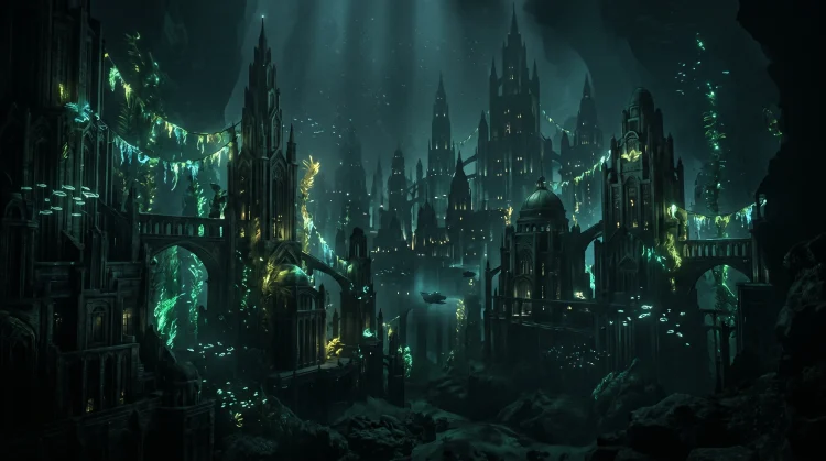 Conceptual art of a dark underwater city with Art Deco architecture.
