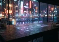 A conceptual digital interface showing an inventory of items against a neon-lit city backdrop.