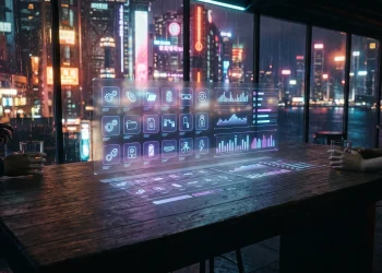A conceptual digital interface showing an inventory of items against a neon-lit city backdrop.