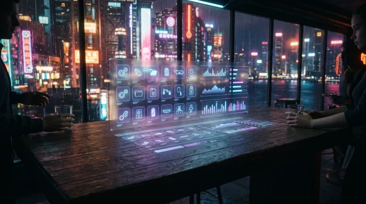A conceptual digital interface showing an inventory of items against a neon-lit city backdrop.