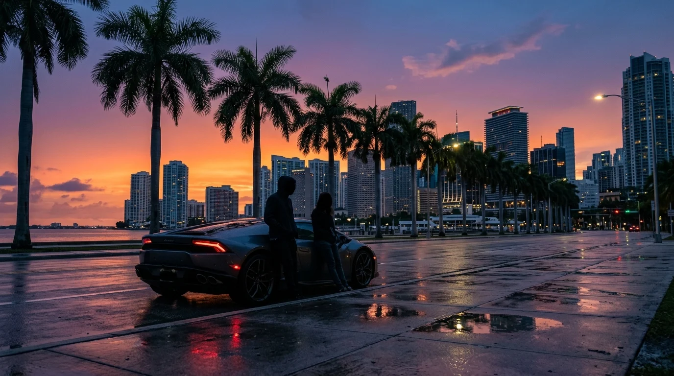 Silhouette of two figures standing by a car in a tropical city at dusk.