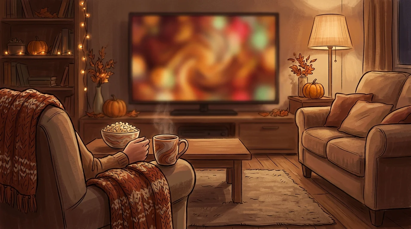 A cozy home interior reflecting a warm autumnal movie-watching atmosphere.