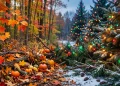 A conceptual transition from autumn decor to winter holiday decorations.