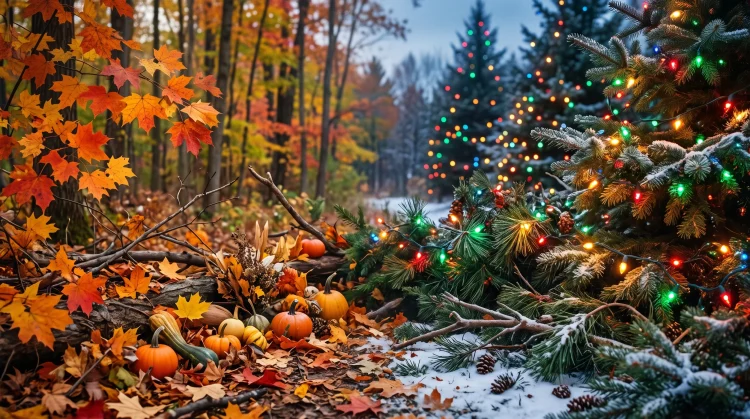 A conceptual transition from autumn decor to winter holiday decorations.