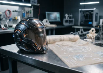 A conceptual sci-fi helmet visor on a workbench.