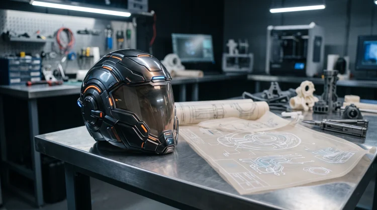 A conceptual sci-fi helmet visor on a workbench.