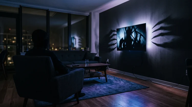 A dark living room with eerie blue and purple light reflecting from a television screen.