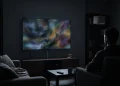 A dimly lit room with a television screen glowing in the dark.