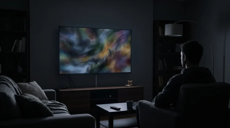 A dimly lit room with a television screen glowing in the dark.