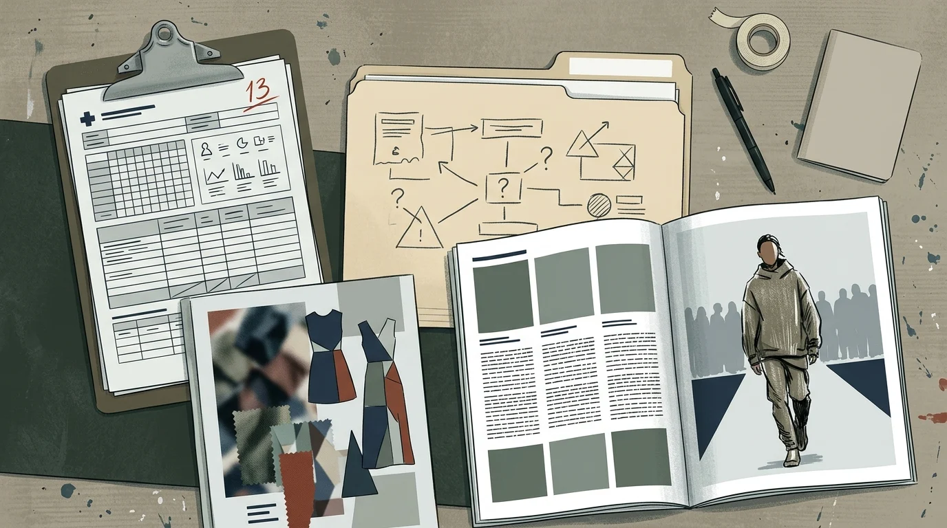 Conceptual symbols for crime, horror, and fashion genres arranged on a desk.