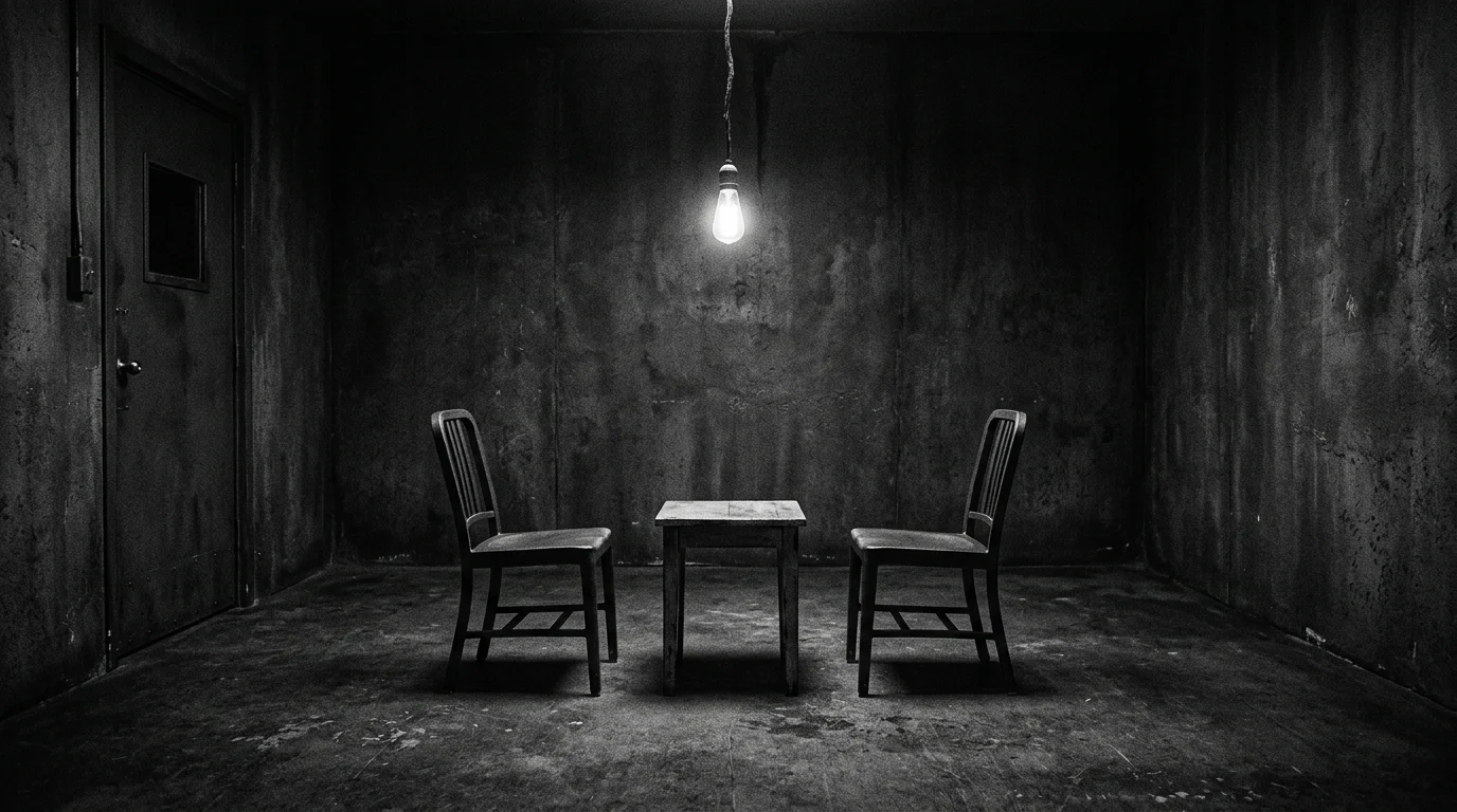 A stark interrogation room setting with two chairs.