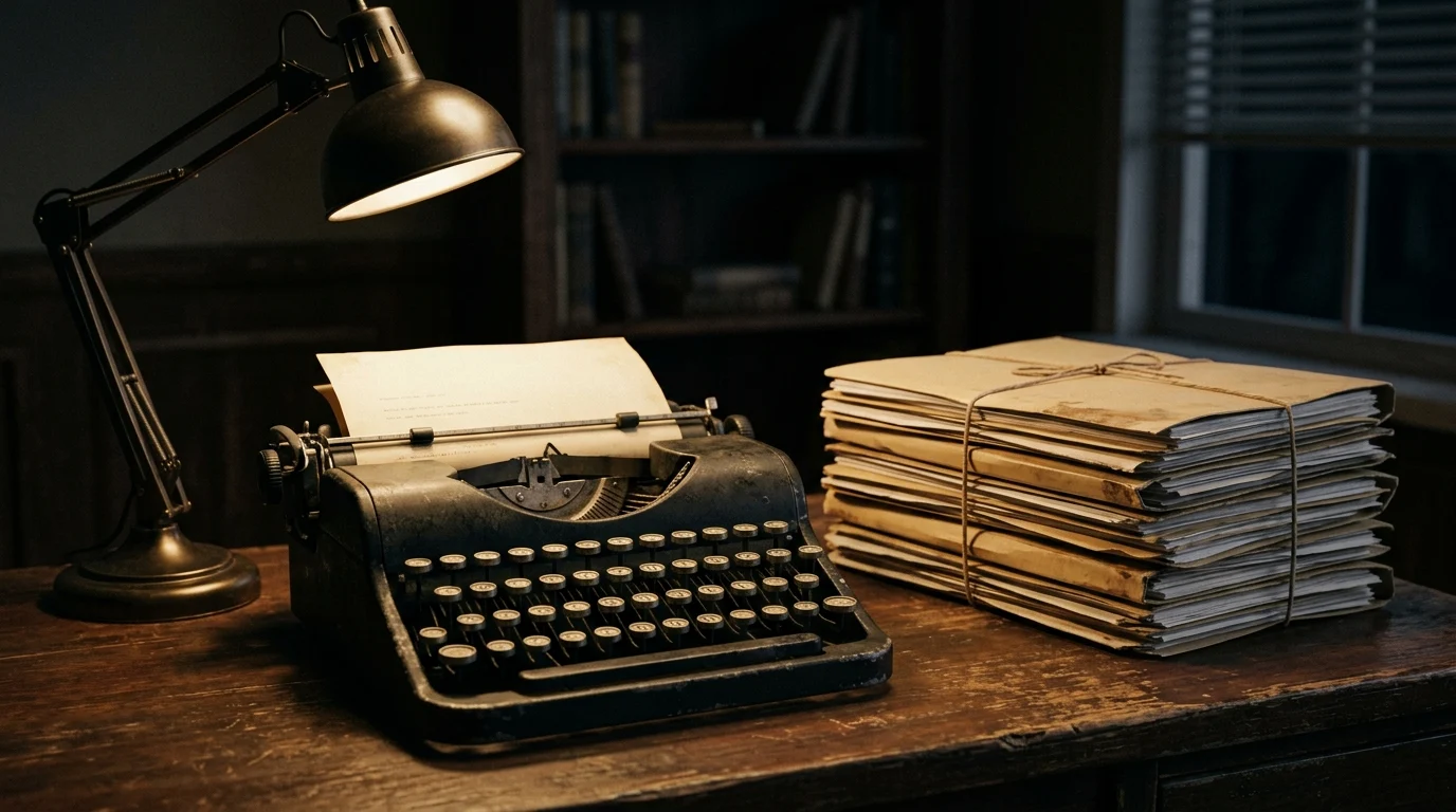 A typewriter and legal documents on a dark desk representing investigative journalism and law.