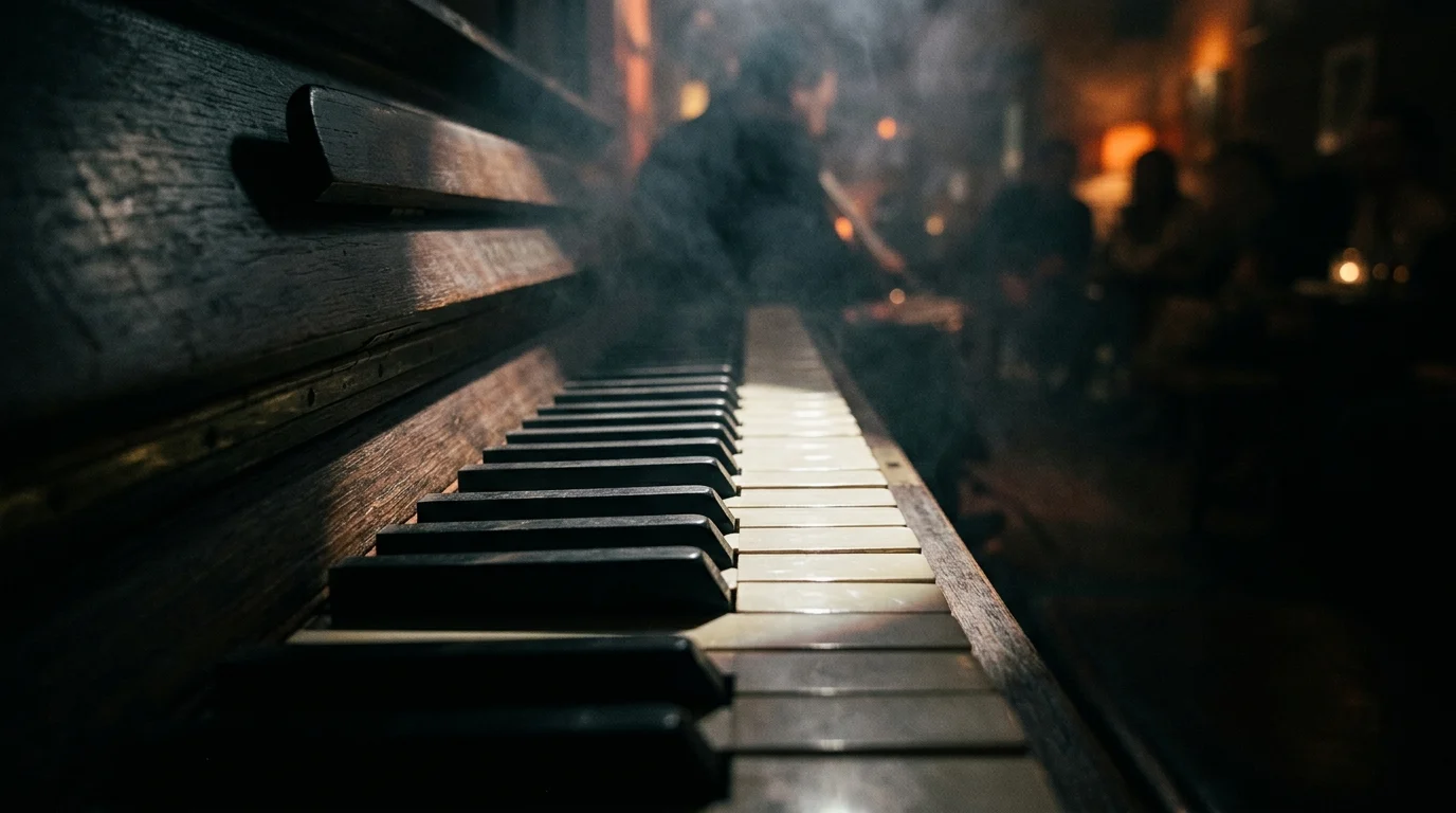 Close-up of piano keys in low light.