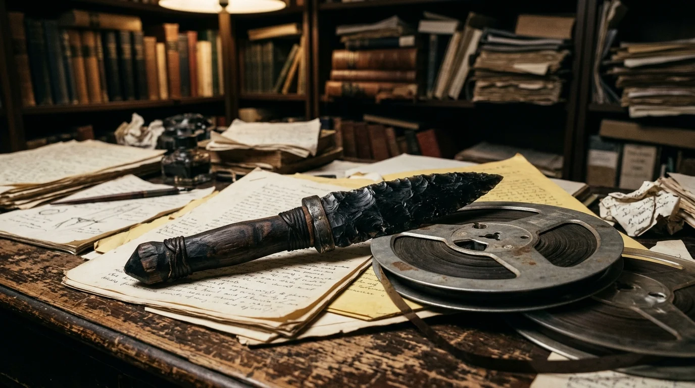 A ceremonial dagger and academic notes on a dark desk.
