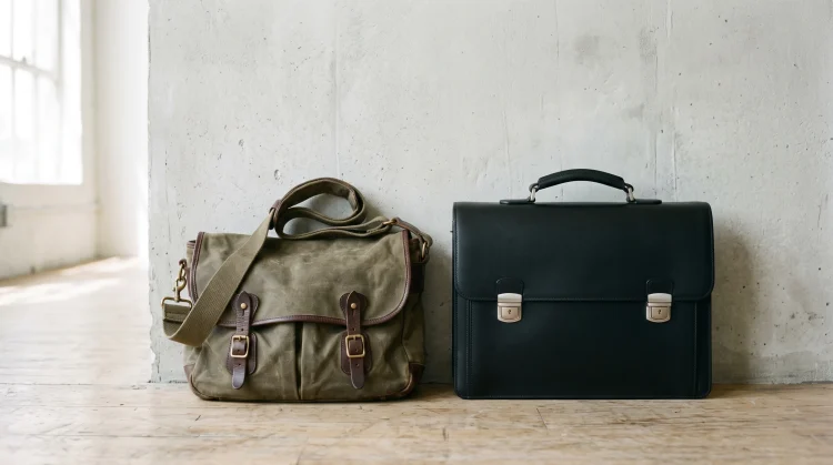 A leather diplomat briefcase and a 90s style messenger bag side-by-side.