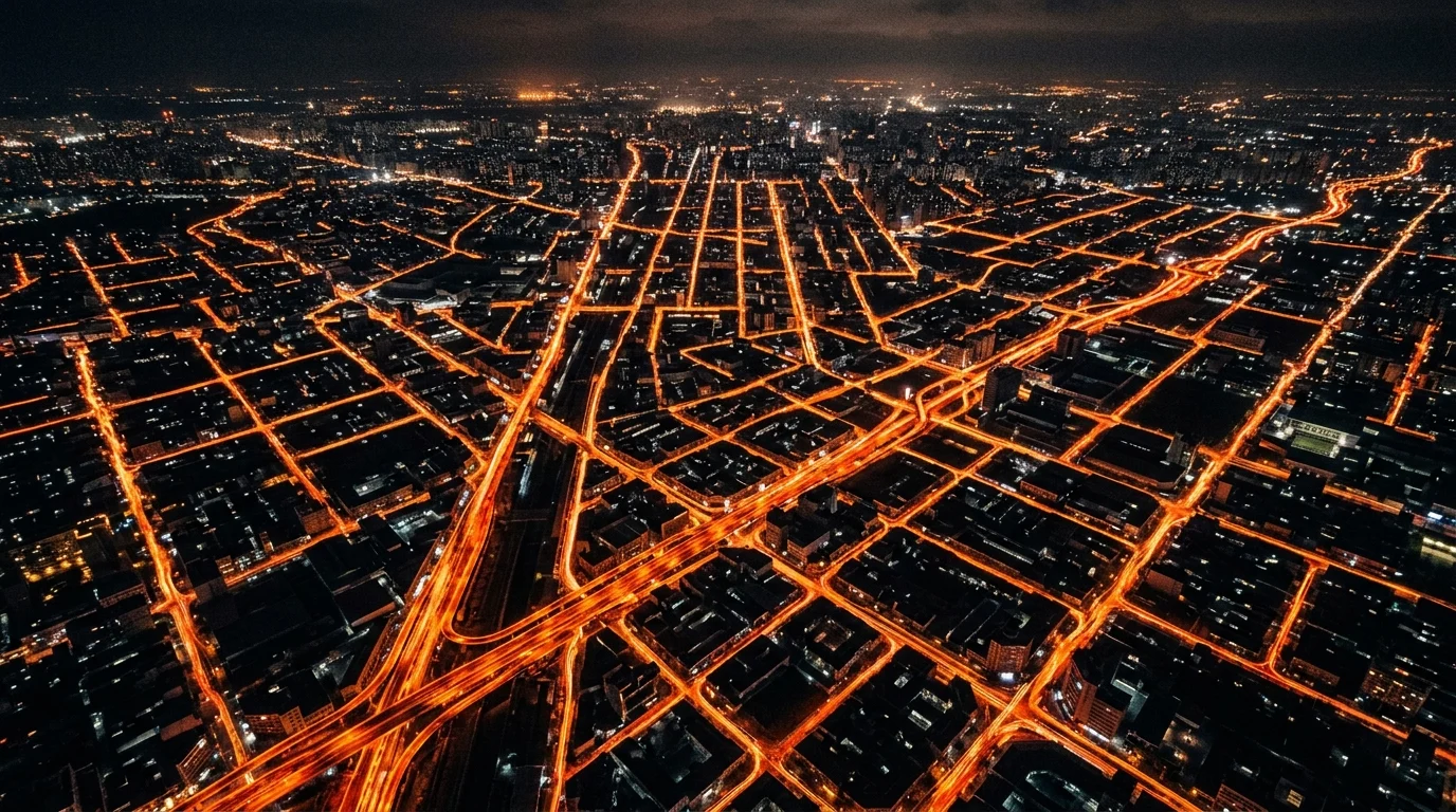 Abstract aerial view of glowing lava flows in a city grid.